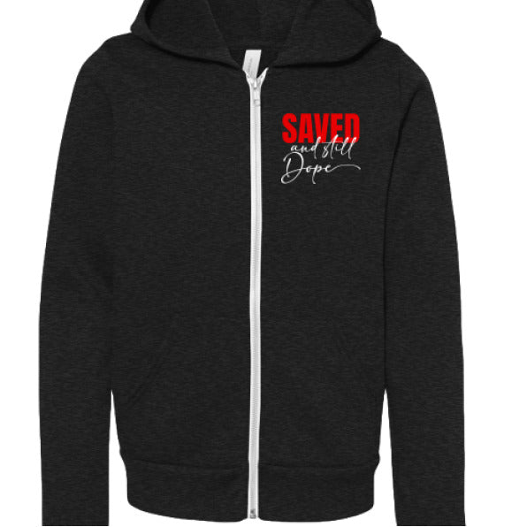 Saved And Still Dope Youth Christian Sponge Fleece Full-Zip Hooded Sweatshirt - ClaimedbyGodDesigns