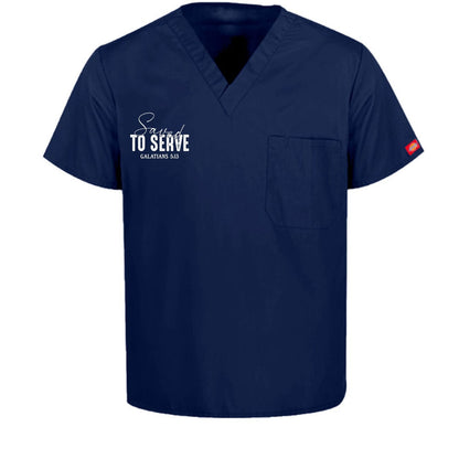 Saved To Serve Unisex Christian 1-Pocket Tuckable V-Neck Medical Scrub Top - ClaimedbyGodDesigns