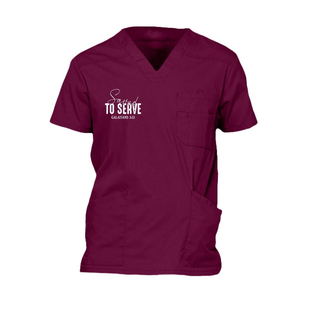 Men's Christian 5-pocket V-neck medical scrub top with 'Saved to Serve' design
