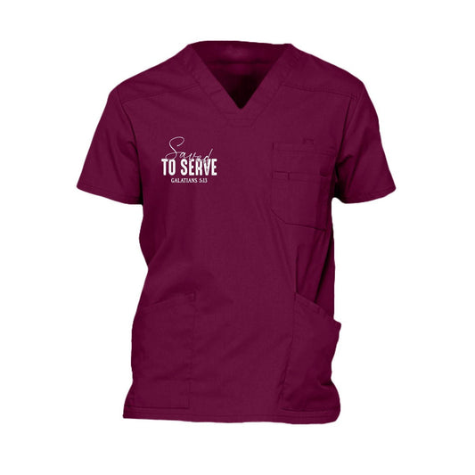 Saved to Serve Men's Christian Premium 5-Pocket V-Neck Medical Scrub Top - ClaimedbyGodDesigns