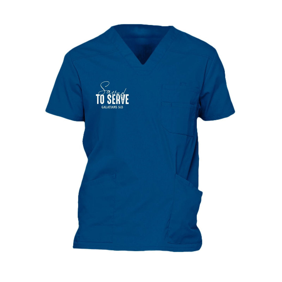 Saved to Serve Men's Christian Premium 5-Pocket V-Neck Medical Scrub Top - ClaimedbyGodDesigns