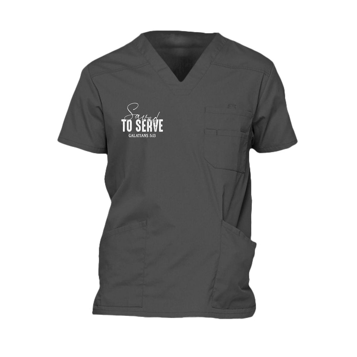 Saved to Serve Men's Christian Premium 5-Pocket V-Neck Medical Scrub Top - ClaimedbyGodDesigns