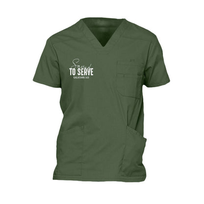 Saved to Serve Men's Christian Premium 5-Pocket V-Neck Medical Scrub Top - ClaimedbyGodDesigns