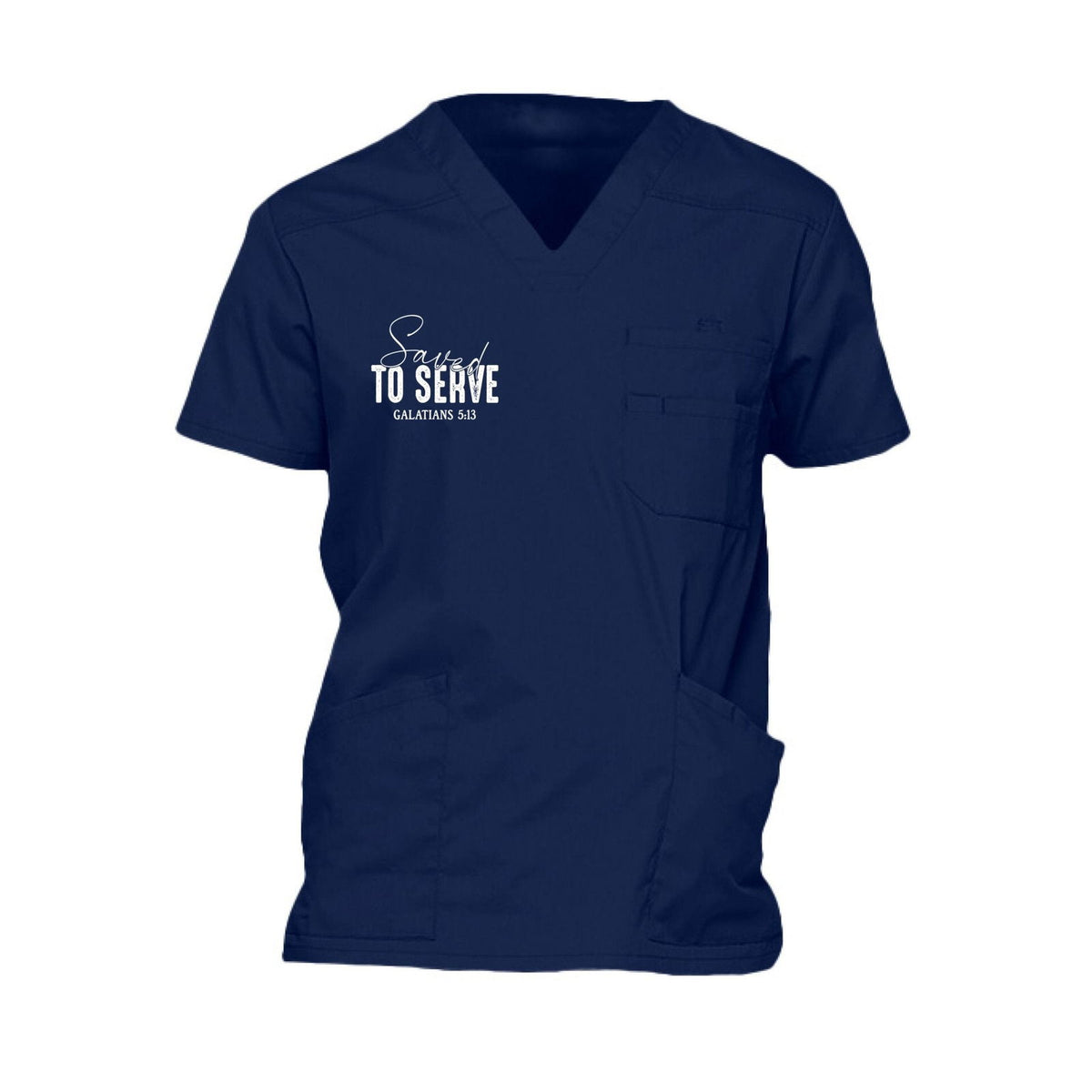 Saved to Serve Men's Christian Premium 5-Pocket V-Neck Medical Scrub Top - ClaimedbyGodDesigns