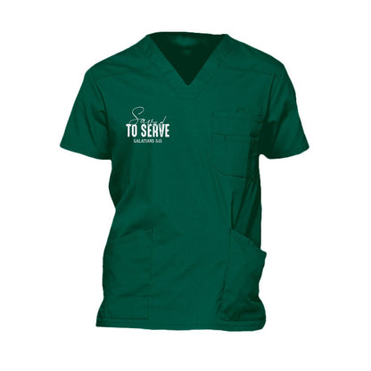 Saved to Serve Men's Christian Premium 5-Pocket V-Neck Medical Scrub Top - ClaimedbyGodDesigns
