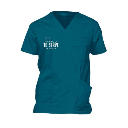 Saved to Serve Men's Christian Premium 5-Pocket V-Neck Medical Scrub Top - ClaimedbyGodDesigns