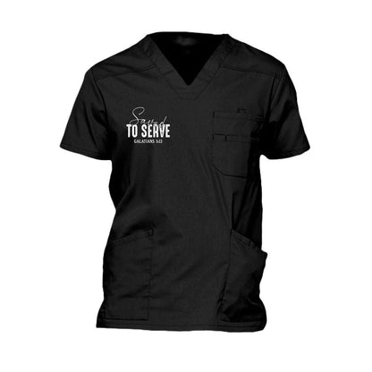 Saved to Serve Men's Christian Premium 5-Pocket V-Neck Medical Scrub Top - ClaimedbyGodDesigns