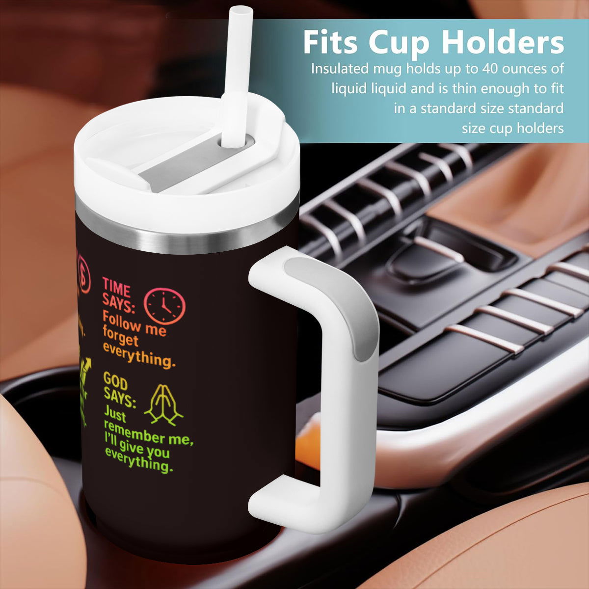 Says Stainless Steel Tumbler with Handle - 40oz Inspirational Drinkware - ClaimedbyGodDesigns