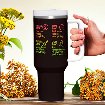 Says Stainless Steel Tumbler with Handle - 40oz Inspirational Drinkware - ClaimedbyGodDesigns