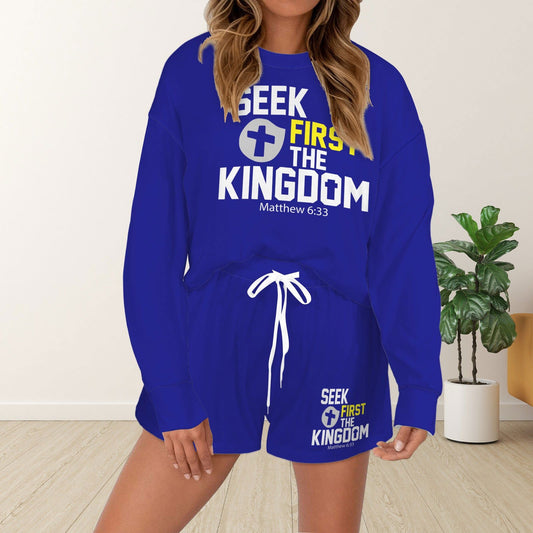 Seek First The Kingdom Christian Women's Long Sleeve&Tether Shorts Pocket Pajama Set - ClaimedbyGodDesigns