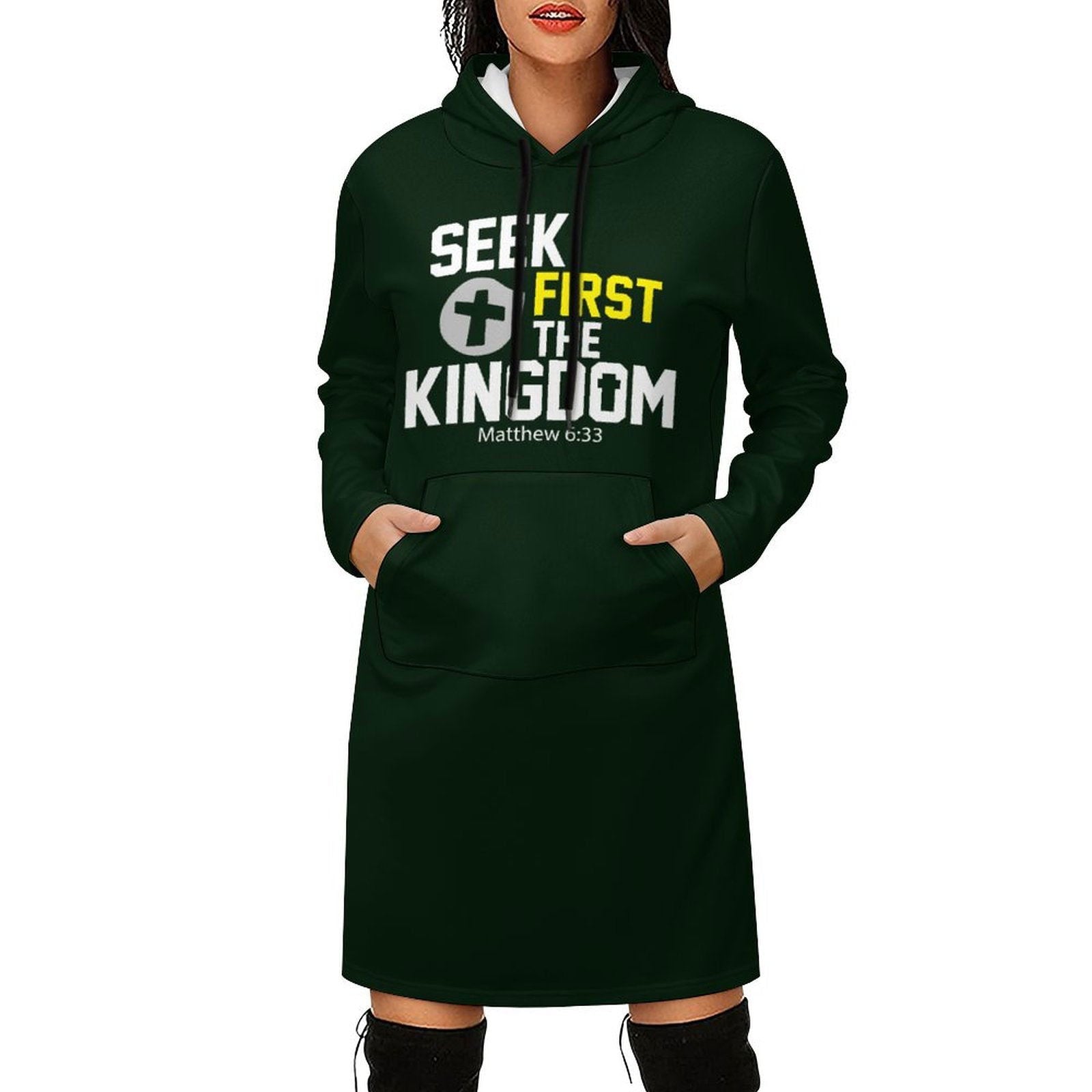 Seek First The Kingdom Women's Christian Hooded Sweater Dress - ClaimedbyGodDesigns