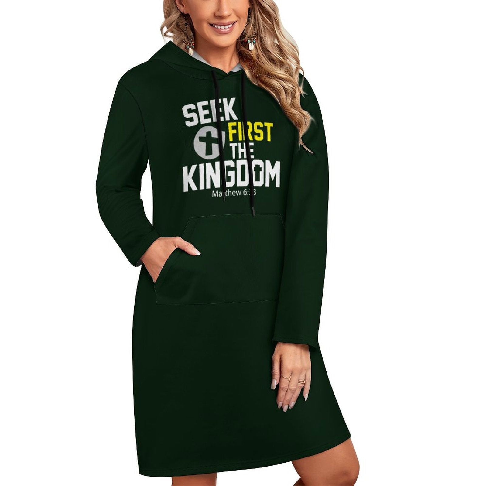 Seek First The Kingdom Women's Christian Hooded Sweater Dress - ClaimedbyGodDesigns