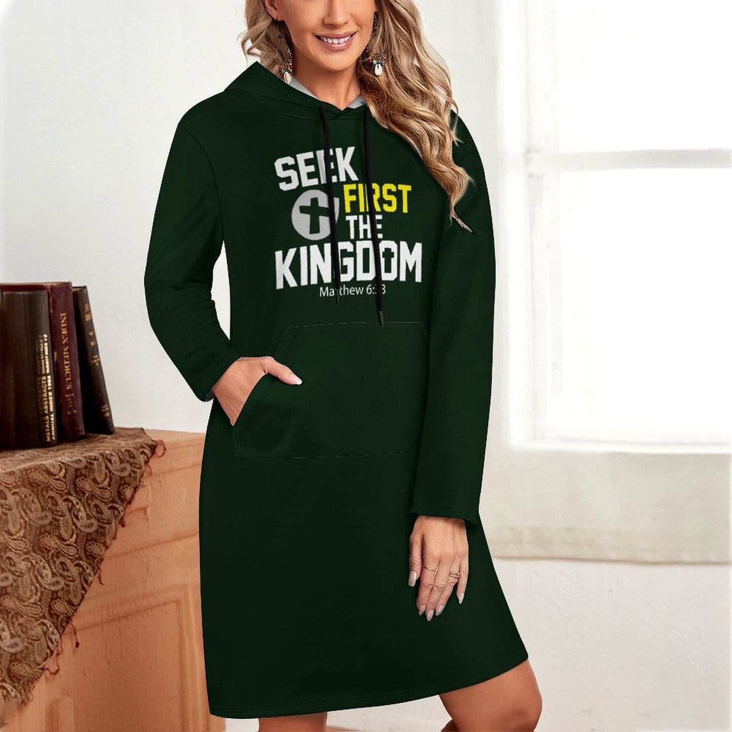 Seek First The Kingdom Women's Christian Hooded Sweater Dress - ClaimedbyGodDesigns