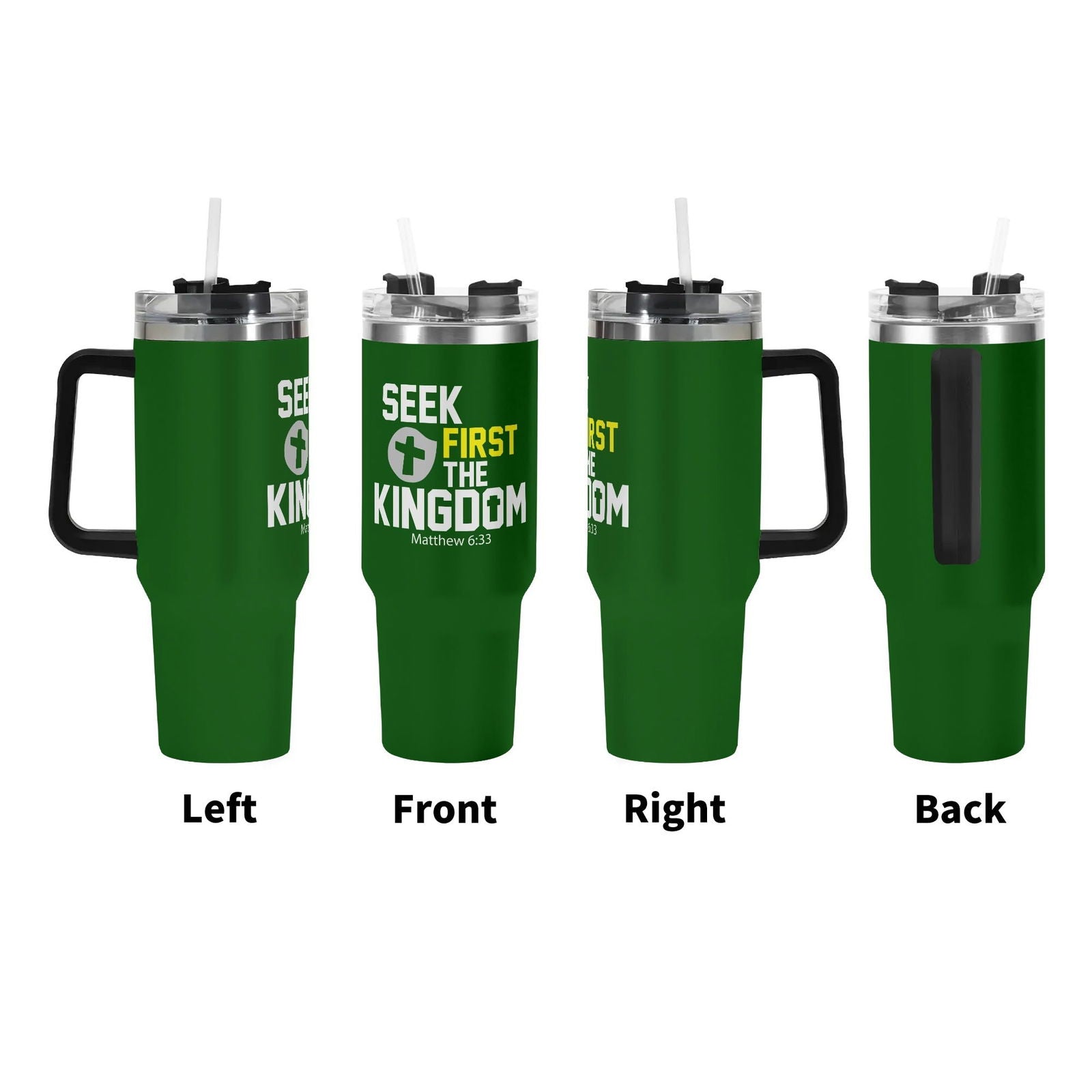 Seek The Kingdom 40oz Stainless Steel Christian Tumbler Gift With Black Handle and Straw - ClaimedbyGodDesigns