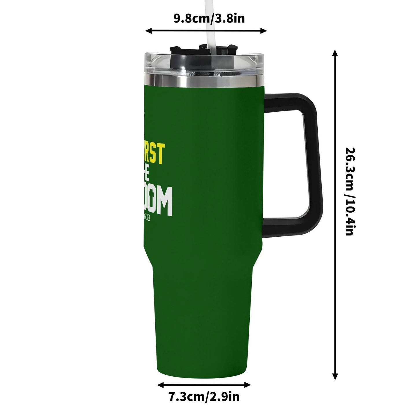 Seek The Kingdom 40oz Stainless Steel Christian Tumbler Gift With Black Handle and Straw - ClaimedbyGodDesigns