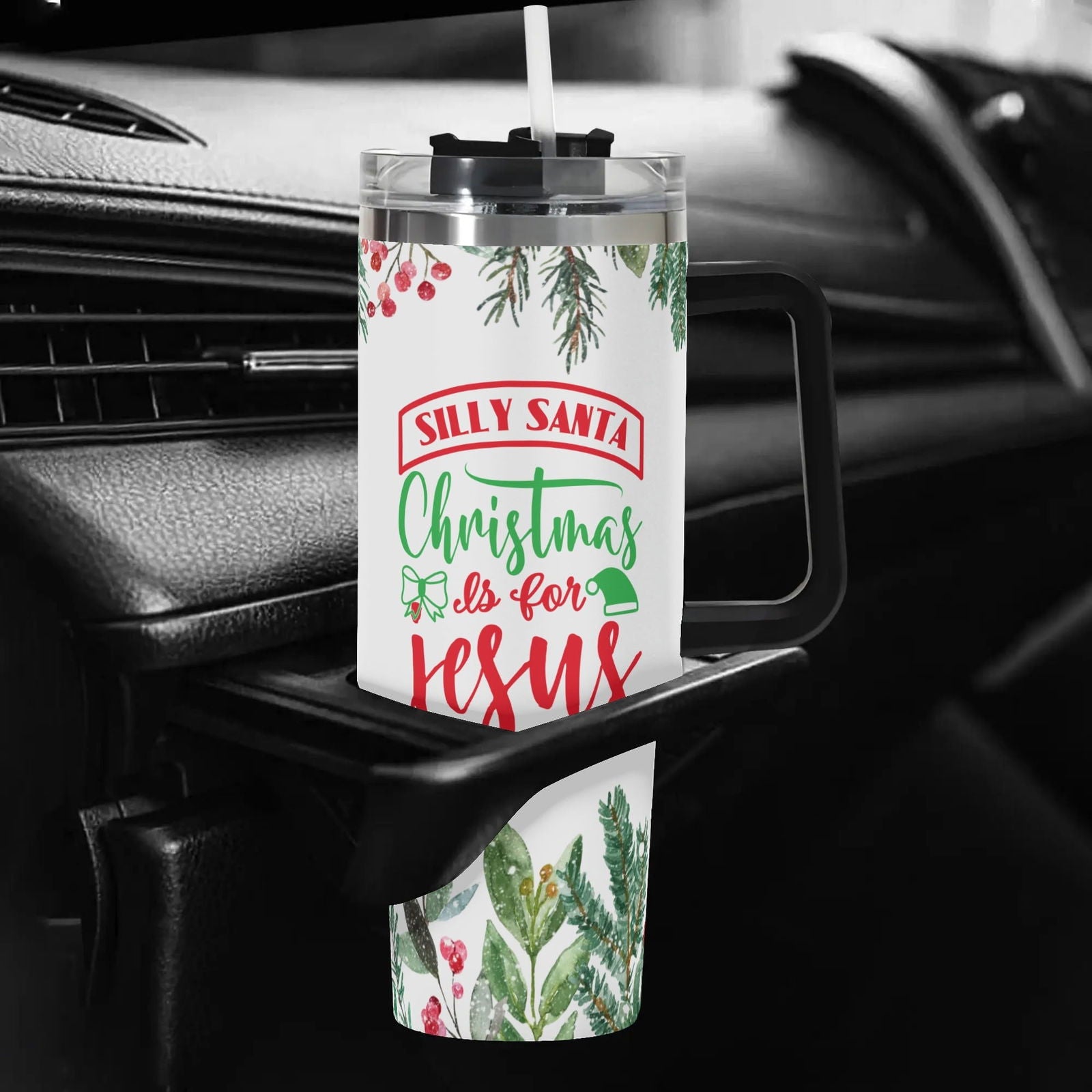 Silly Santa Christmas Is For Jesus (Christmas Themed) 40oz Stainless Steel Christian Tumbler Gift With Black Handle and Straw - ClaimedbyGodDesigns