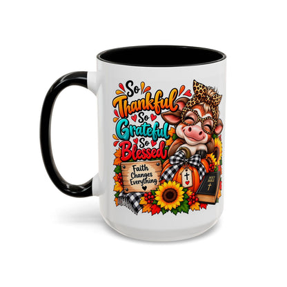 So Thankful, So Grateful, So Blessed Thanksgiving Cow Coffee Mug - Claimed by God Designs