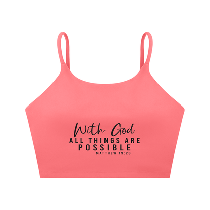 With God All Things Are Possible Women's Christian Spaghetti Strap Yoga Sports Bra - ClaimedbyGodDesigns