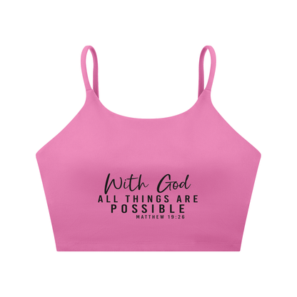 With God All Things Are Possible Women's Christian Spaghetti Strap Yoga Sports Bra - ClaimedbyGodDesigns