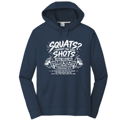 Squats? I Thought You Said Shots Unisex Christian Gym Hooded Sweatshirt | 1 Corinthians 10:31 - Claimed by God Designs