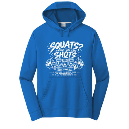 Squats? I Thought You Said Shots Unisex Christian Gym Hooded Sweatshirt | 1 Corinthians 10:31 - Claimed by God Designs