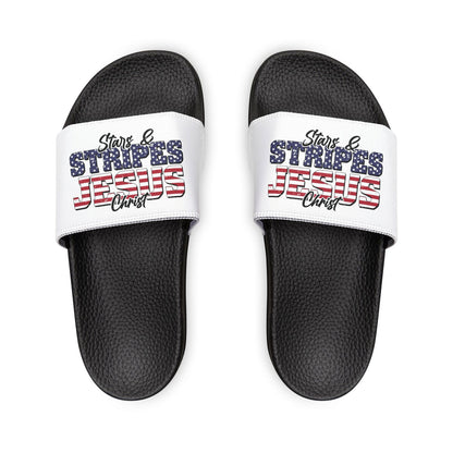 Stars & Stripes Jesus Sandals, Youth Summer Footwear, Patriotic Flip-Flops, Casual Beach Footwear, Kid-Friendly Sandals, Christian [...] - ClaimedbyGodDesigns