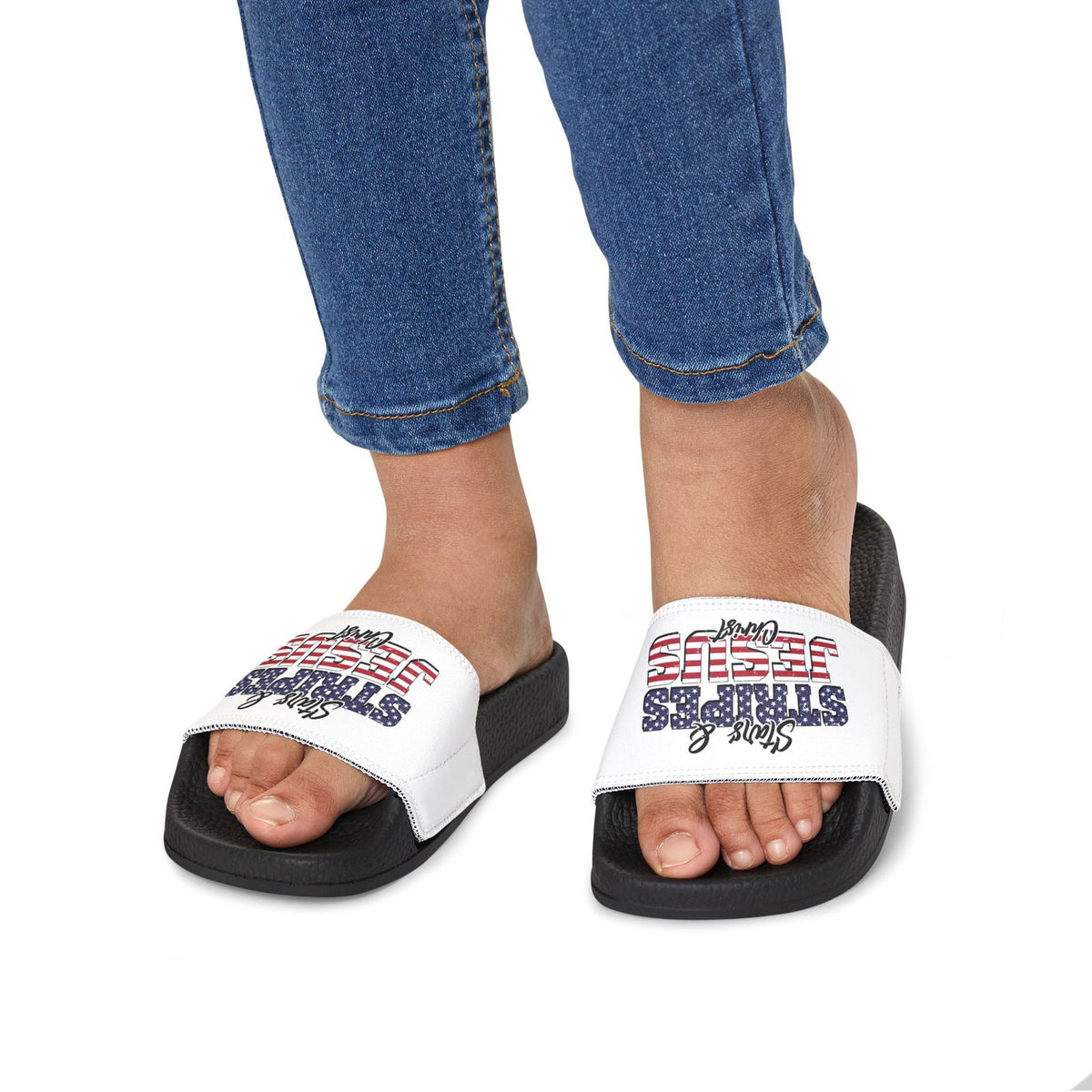 Stars & Stripes Jesus Sandals, Youth Summer Footwear, Patriotic Flip-Flops, Casual Beach Footwear, Kid-Friendly Sandals, Christian [...] - ClaimedbyGodDesigns