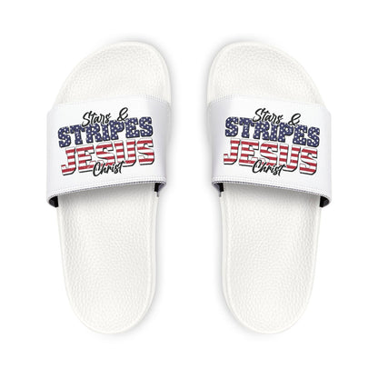 Stars & Stripes Jesus Sandals, Youth Summer Footwear, Patriotic Flip-Flops, Casual Beach Footwear, Kid-Friendly Sandals, Christian [...] - ClaimedbyGodDesigns