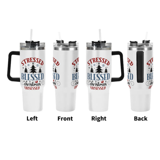 Stressed Blessed And Christmas Obsessed (Christmas Themed)  40oz Stainless Steel Christian Tumbler Gift With Black Handle and Straw - ClaimedbyGodDesigns