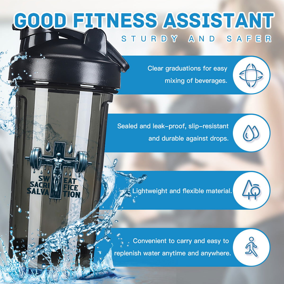 Sweat Sacrifice Salvation Christian Fitness Protein Shake Bottle - ClaimedbyGodDesigns