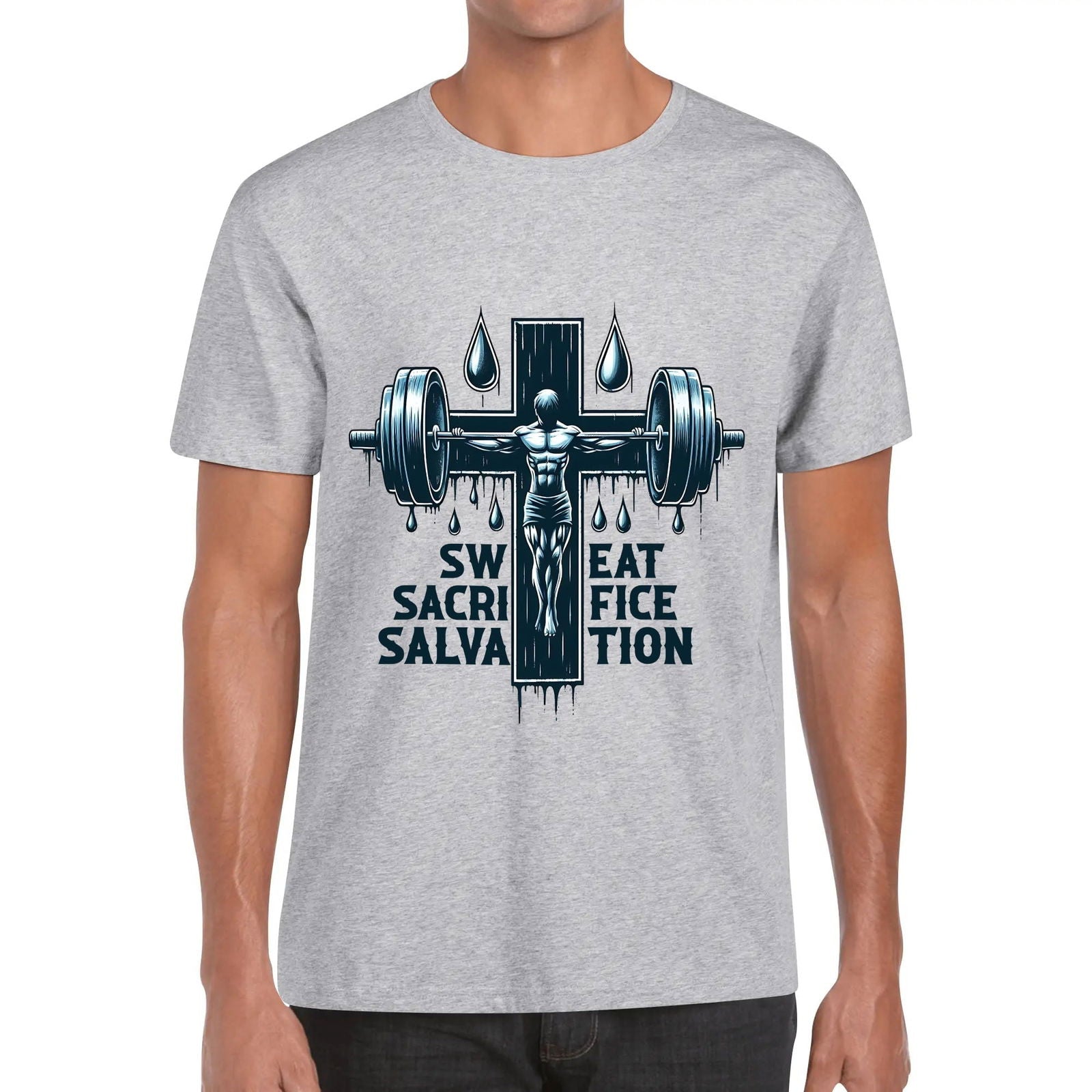 Sweat Sacrifice Salvation Mens Christian Gym T-shirt - ClaimedbyGodDesigns