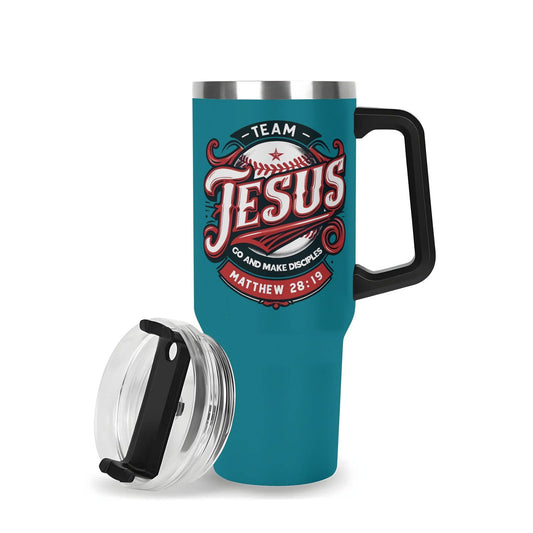 Team Jesus Go And Make Disciples 40oz Stainless Steel Christian Tumbler Gift With Black Handle and Straw - ClaimedbyGodDesigns