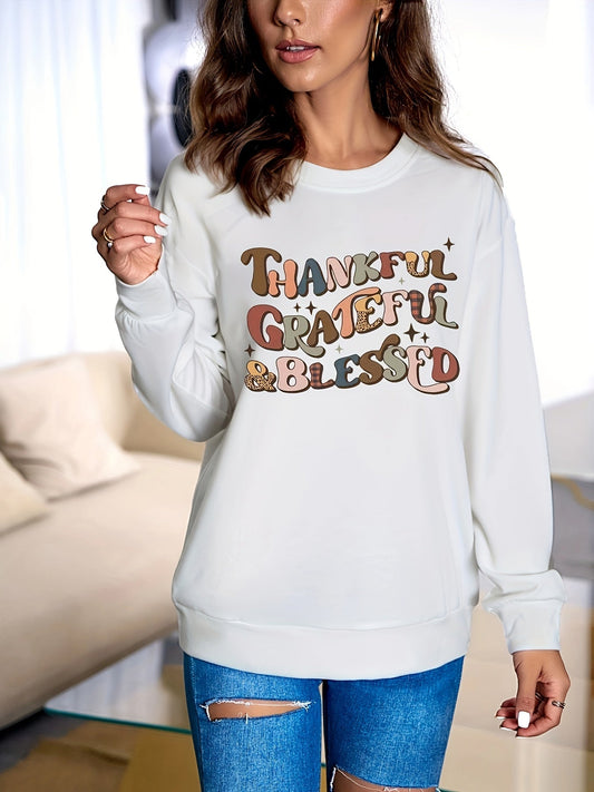 Thankful Grateful Blessed (thanksgiving themed) Women's Christian Pullover Sweatshirt - ClaimedbyGodDesigns