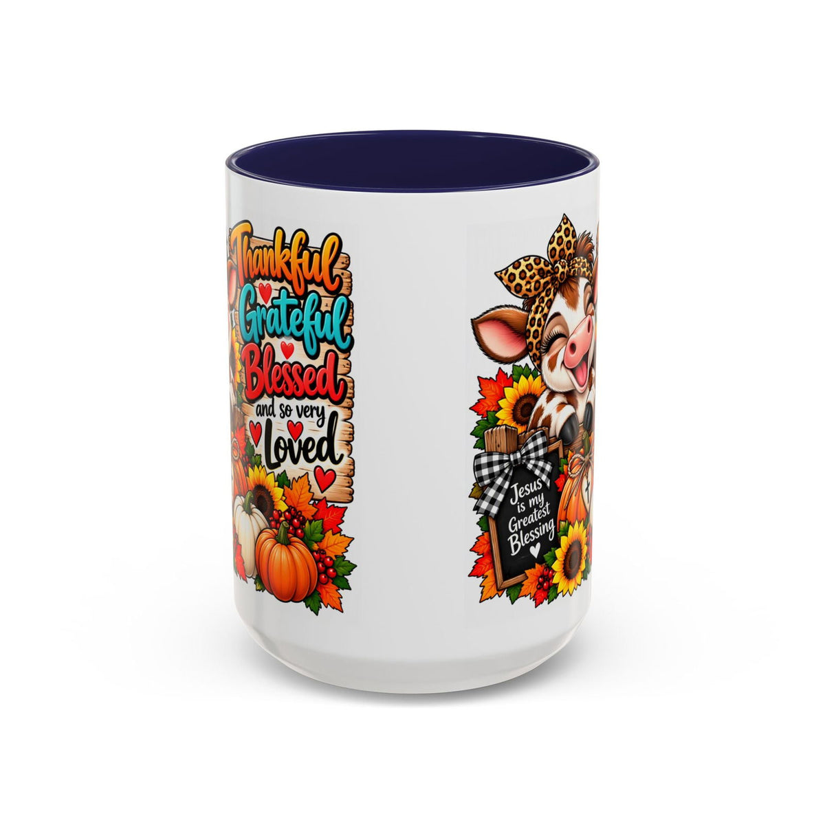Thankful, Grateful, Blessed and So Very Loved Thanksgiving Cow Mug - Claimed by God Designs