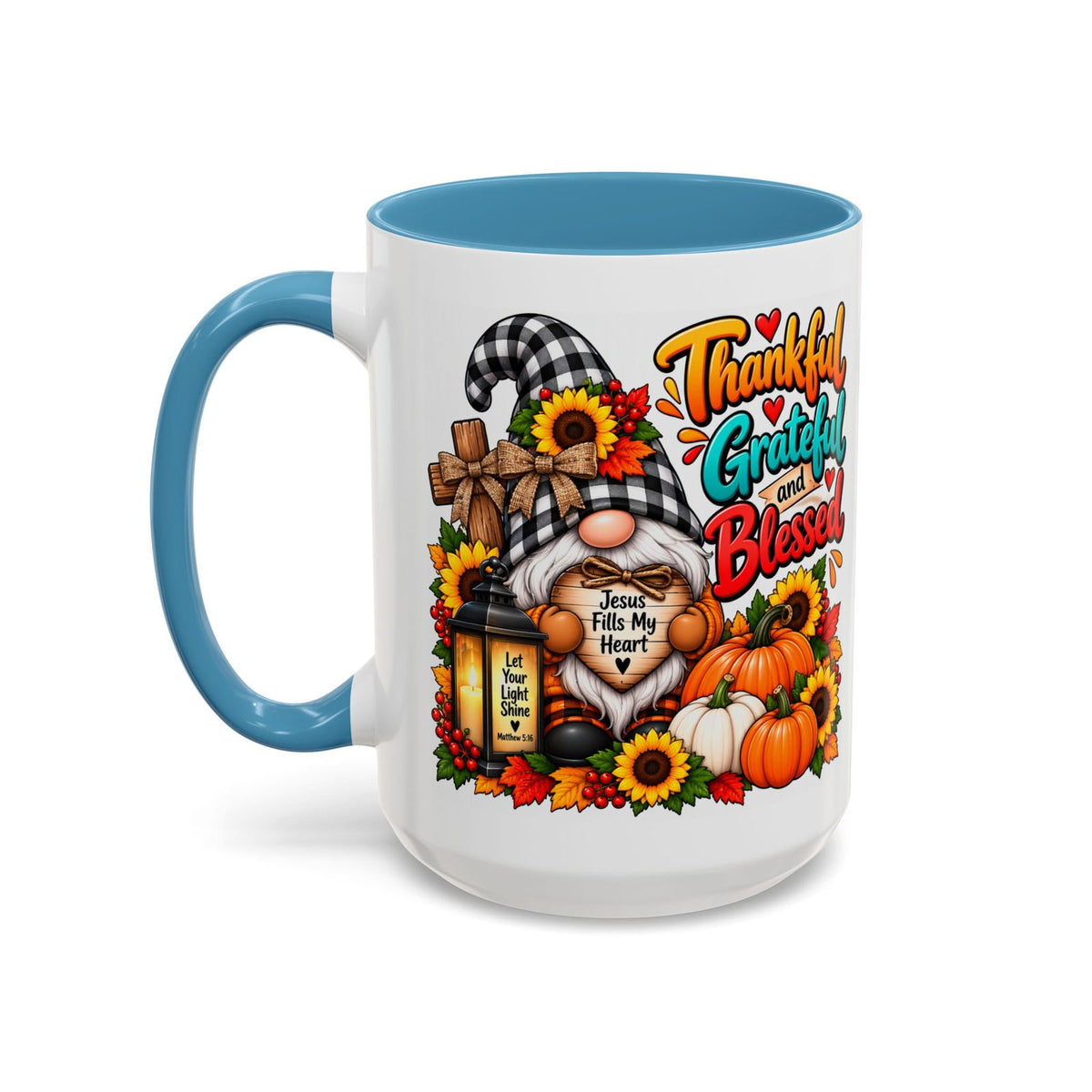 Thankful, Grateful and Blessed Thanksgiving Gnome Coffee Mug - Claimed by God Designs