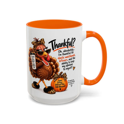 Thankful for Elastic Waistbands and Leftovers Thanksgiving Turkey Mug - Claimed by God Designs