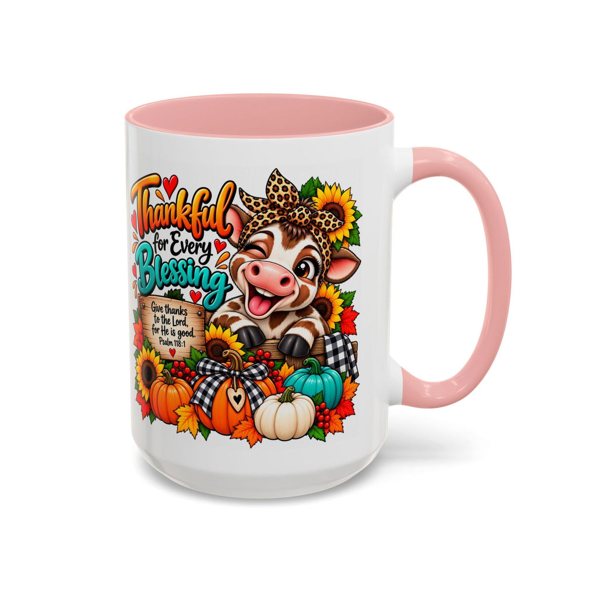 Thankful for Every Blessing Thanksgiving Cow Coffee Mug - Claimed by God Designs