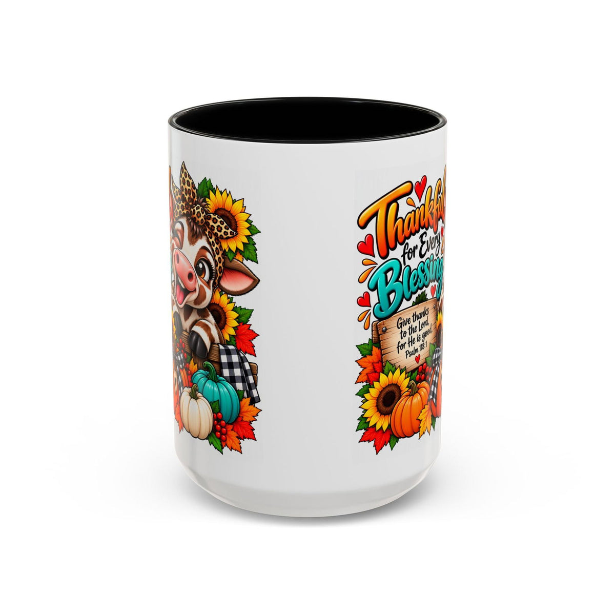 Thankful for Every Blessing Thanksgiving Cow Coffee Mug - Claimed by God Designs