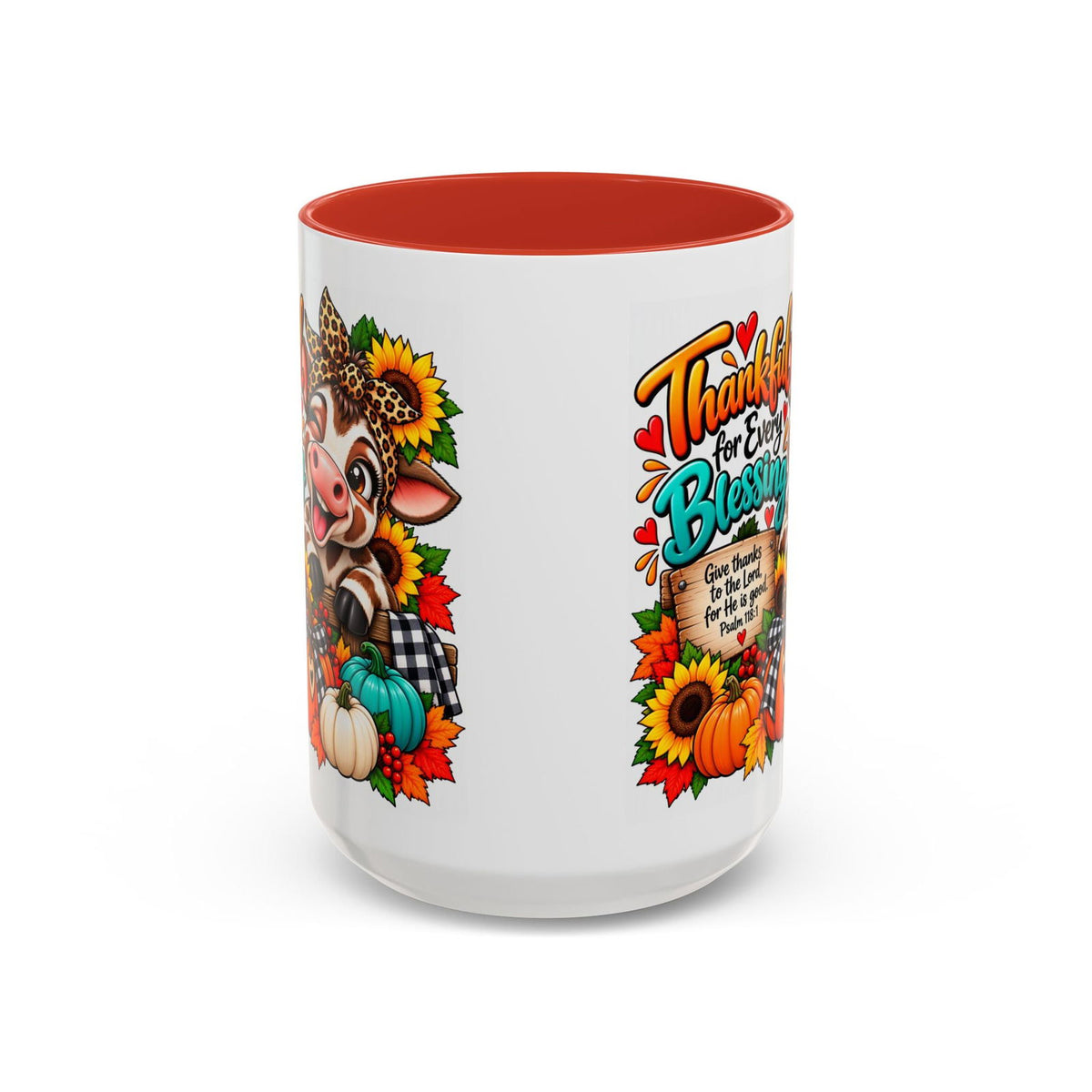 Thankful for Every Blessing Thanksgiving Cow Coffee Mug - Claimed by God Designs
