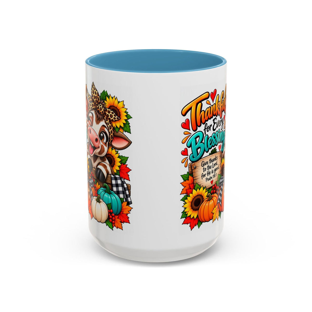Thankful for Every Blessing Thanksgiving Cow Coffee Mug - Claimed by God Designs