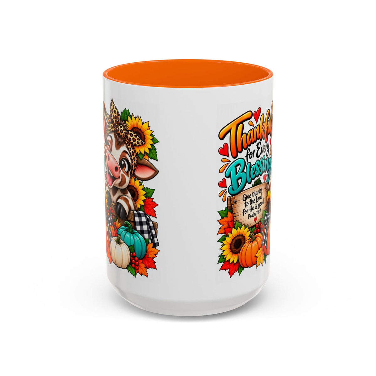 Thankful for Every Blessing Thanksgiving Cow Coffee Mug - Claimed by God Designs