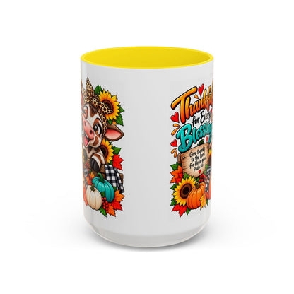 Thankful for Every Blessing Thanksgiving Cow Coffee Mug - Claimed by God Designs