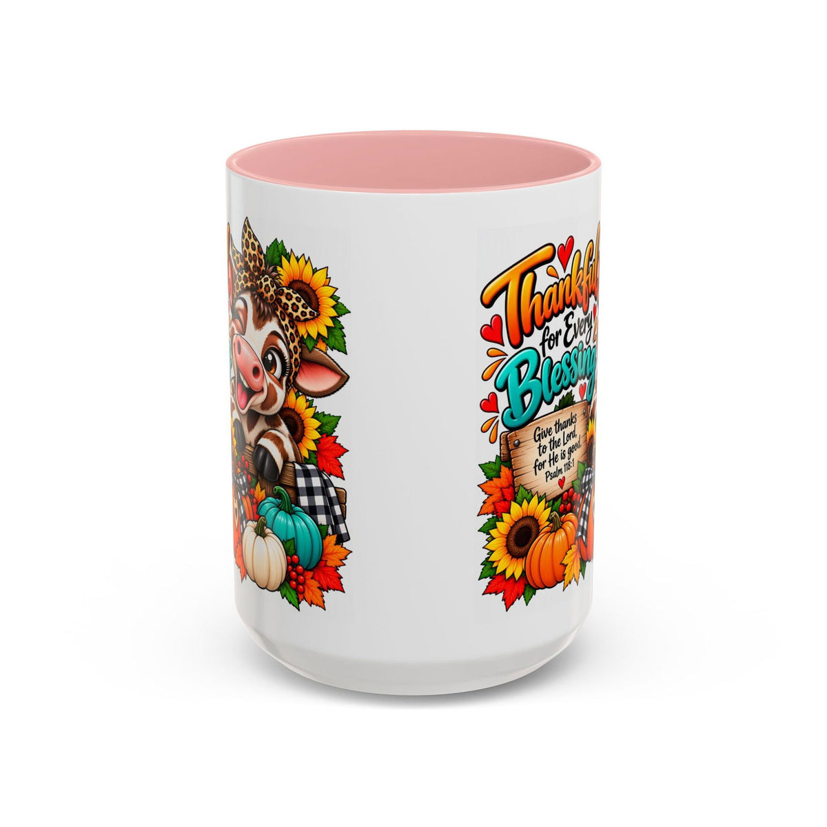 Thankful for Every Blessing Thanksgiving Cow Coffee Mug - Claimed by God Designs