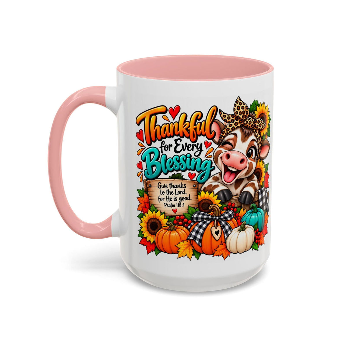 Thankful for Every Blessing Thanksgiving Cow Coffee Mug - Claimed by God Designs