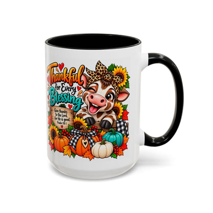 Thankful for Every Blessing Thanksgiving Cow Coffee Mug - Claimed by God Designs