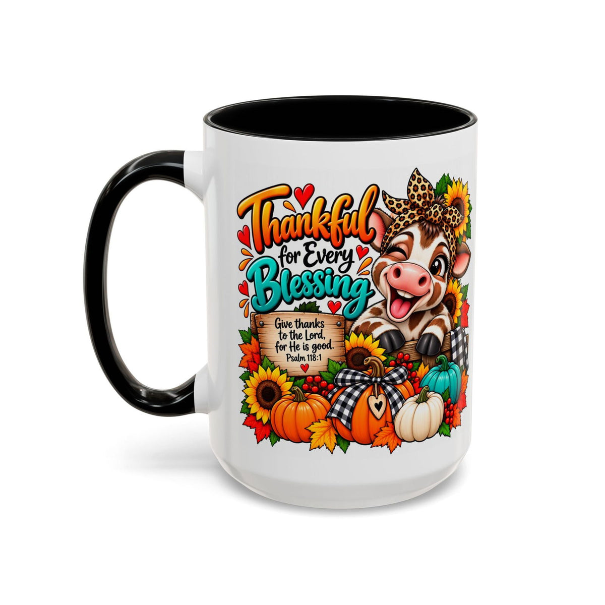 Thankful for Every Blessing Thanksgiving Cow Coffee Mug - Claimed by God Designs