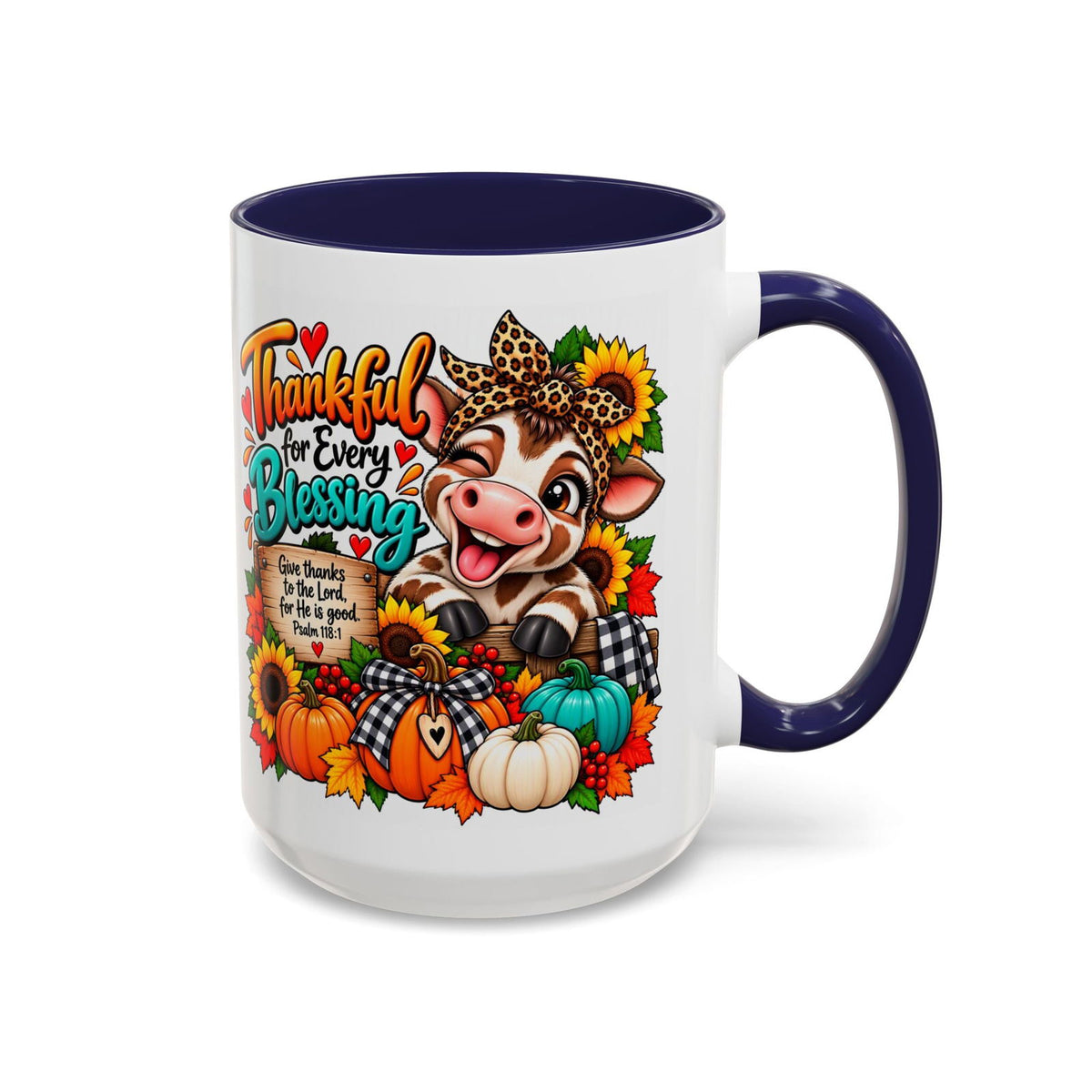 Thankful for Every Blessing Thanksgiving Cow Coffee Mug - Claimed by God Designs