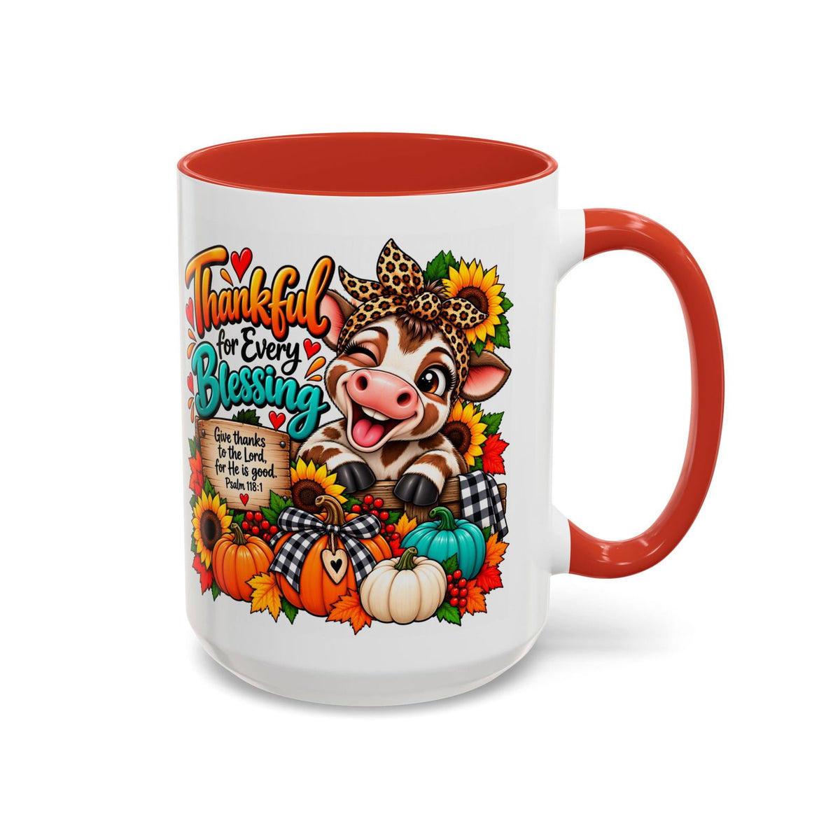 Thankful for Every Blessing Thanksgiving Cow Coffee Mug - Claimed by God Designs