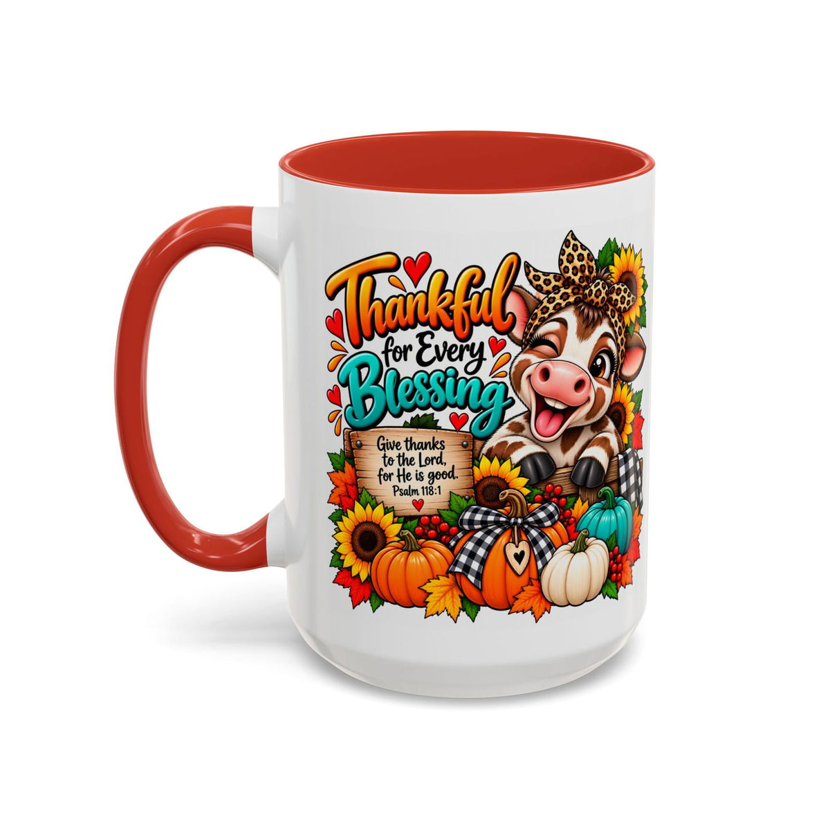 Thankful for Every Blessing Thanksgiving Cow Coffee Mug - Claimed by God Designs