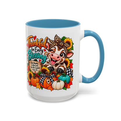 Thankful for Every Blessing Thanksgiving Cow Coffee Mug - Claimed by God Designs